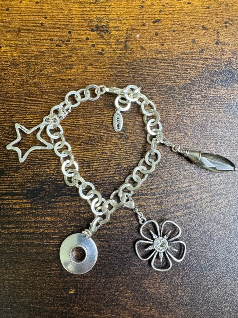 Pilgrim Silver Charm Bracelet with Flower, Star & Crystal Charms - Silver Tone